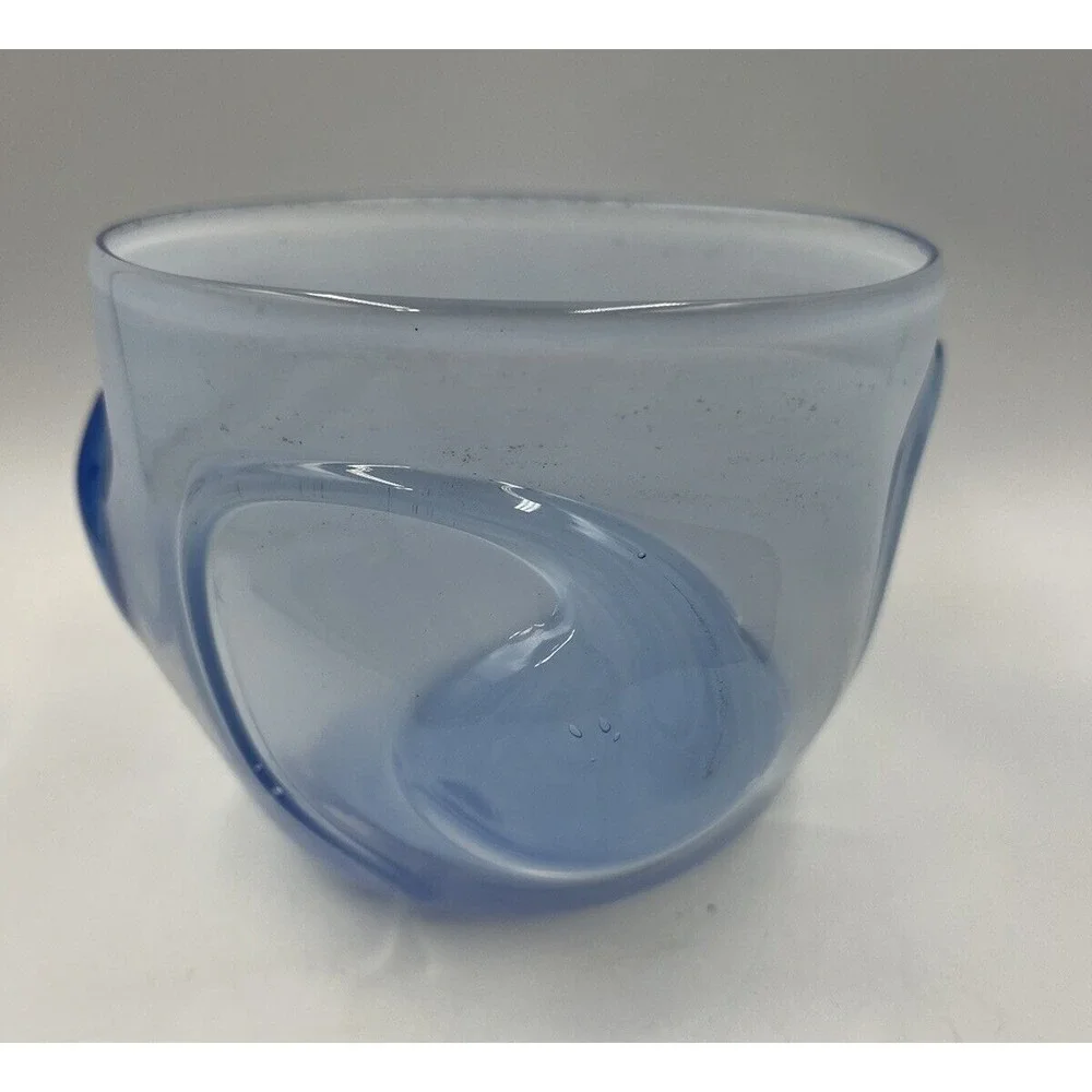 Signed David Hartman Studio Art Glass Bowl Blue Transition Milky Swirl Hand Blow